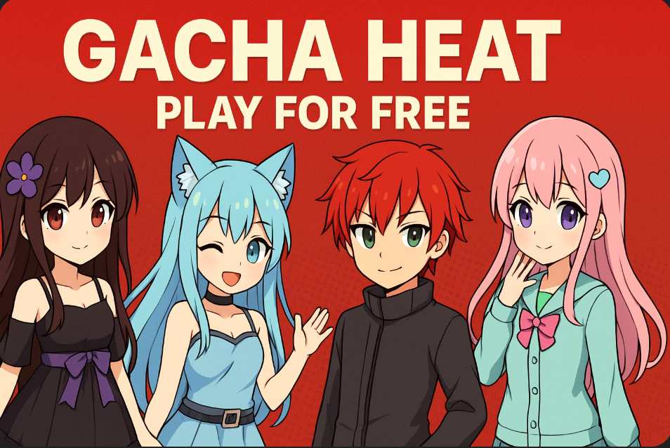 Colorful anime-style characters from Gacha Heat stand together on a red background, highlighting the game’s creative and playful theme.