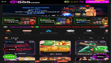 G555 Game App home screen showcasing top casino games, bonuses, and earning options in Pakistan.